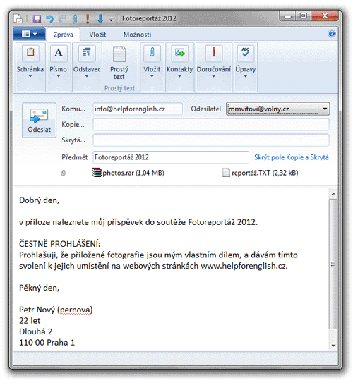 Vzorový soutěžný email